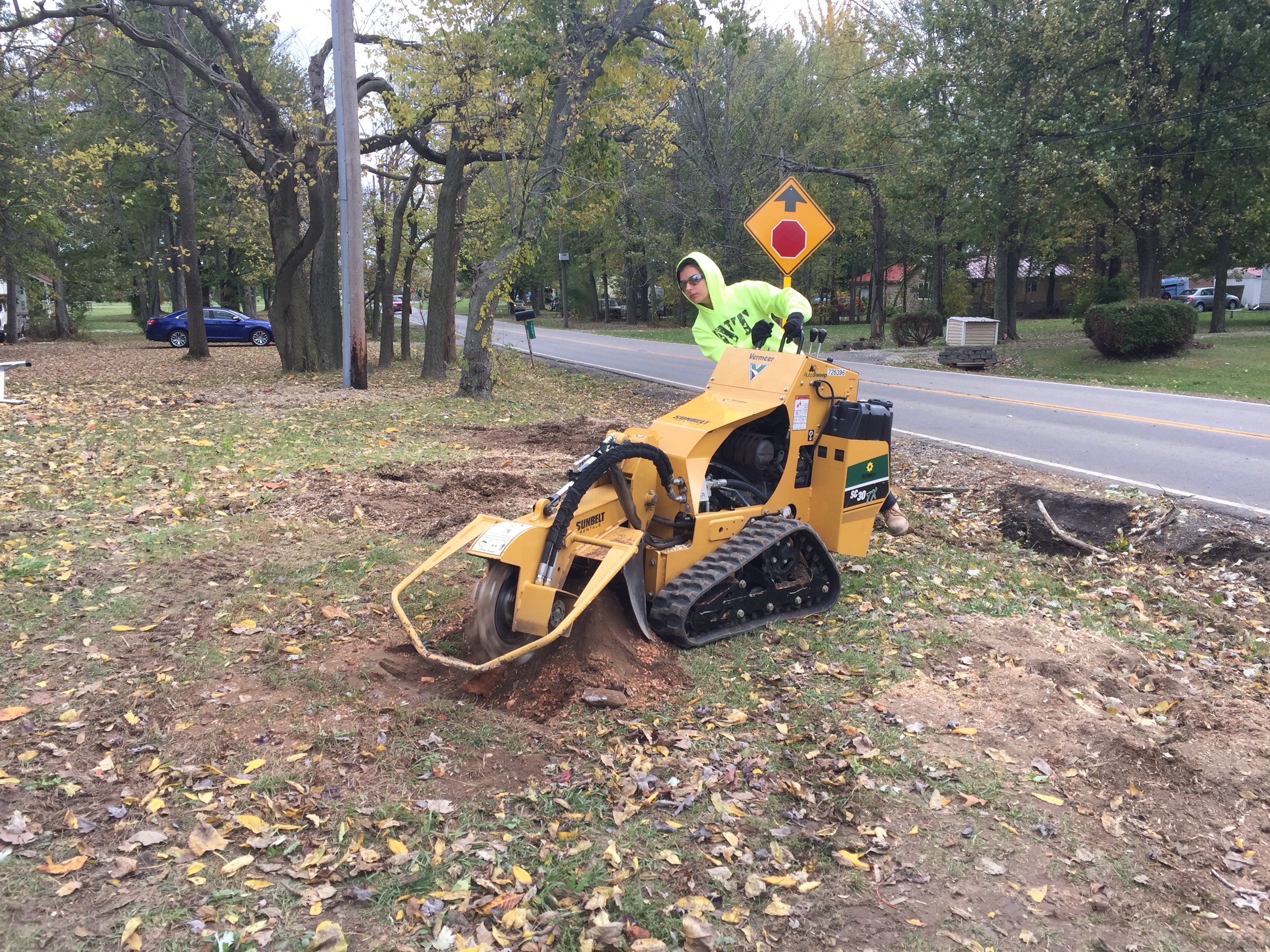 Stump grinding service in a residential yard